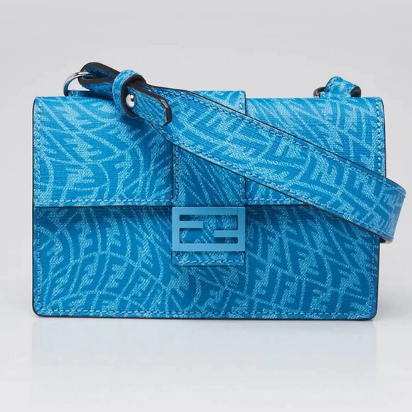 Fendi Cyber Blue Glazed Fabric FF Vertigo Baguette Belt Pouch Bag - Picture 1 of 10